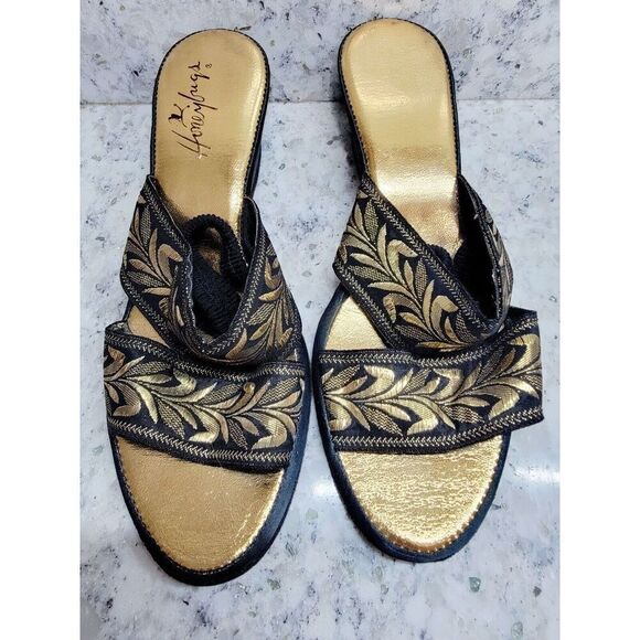 Honeybugs Sandals Strappy Black And Gold Ornate Slip On 2" Heel Vintage - Picture 1 of 8